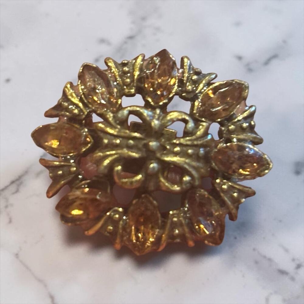 Vintage Amber Rhinestone Flower Brooch Smoky Topaz Brutalist Glam Scatter Pin